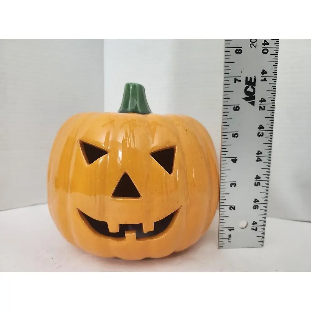 Halloween Ceramic Jack O Lantern Pumpkin Candle Cover Glazed Orange